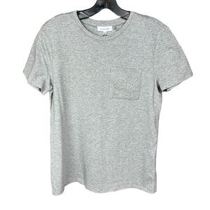 Calvin Klein Tee Shirt Grey Short Sleeve One Pocket Rhinestone CK Initials XS
